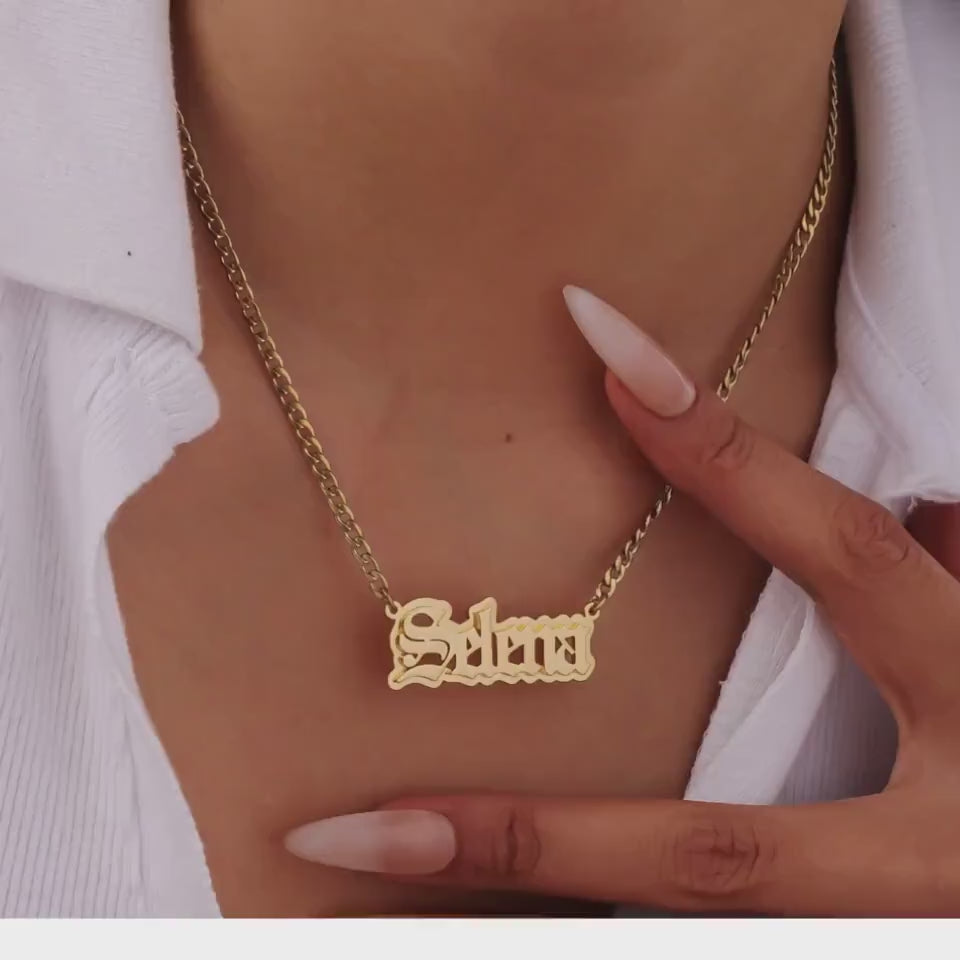 Custom Old English Name Necklace: Double Plated Cuban Link Pendant