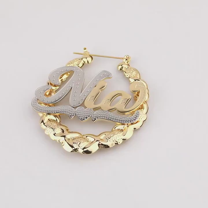 Custom Name Bamboo Hoop Earrings: 18K Gold Plated XOXO