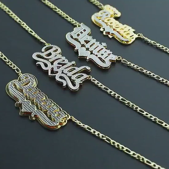 Custom Diamond Cut Name Necklace: Figaro Chain, Waterproof Jewelry