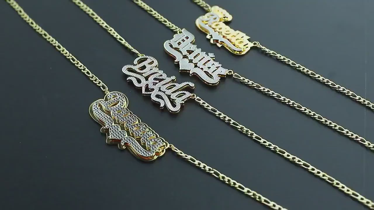 Custom Diamond Cut Name Necklace: Figaro Chain, Waterproof Jewelry