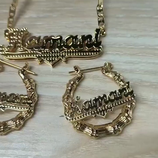Custom Name Necklace & Bamboo Hoop Earrings Set: Personalized Waterproof Jewelry