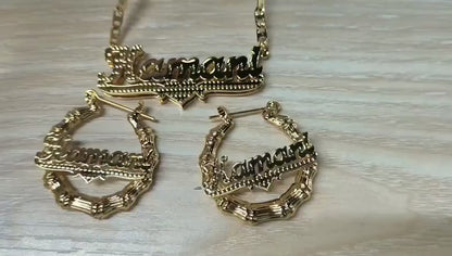 Custom Name Necklace & Bamboo Hoop Earrings Set: Personalized Waterproof Jewelry